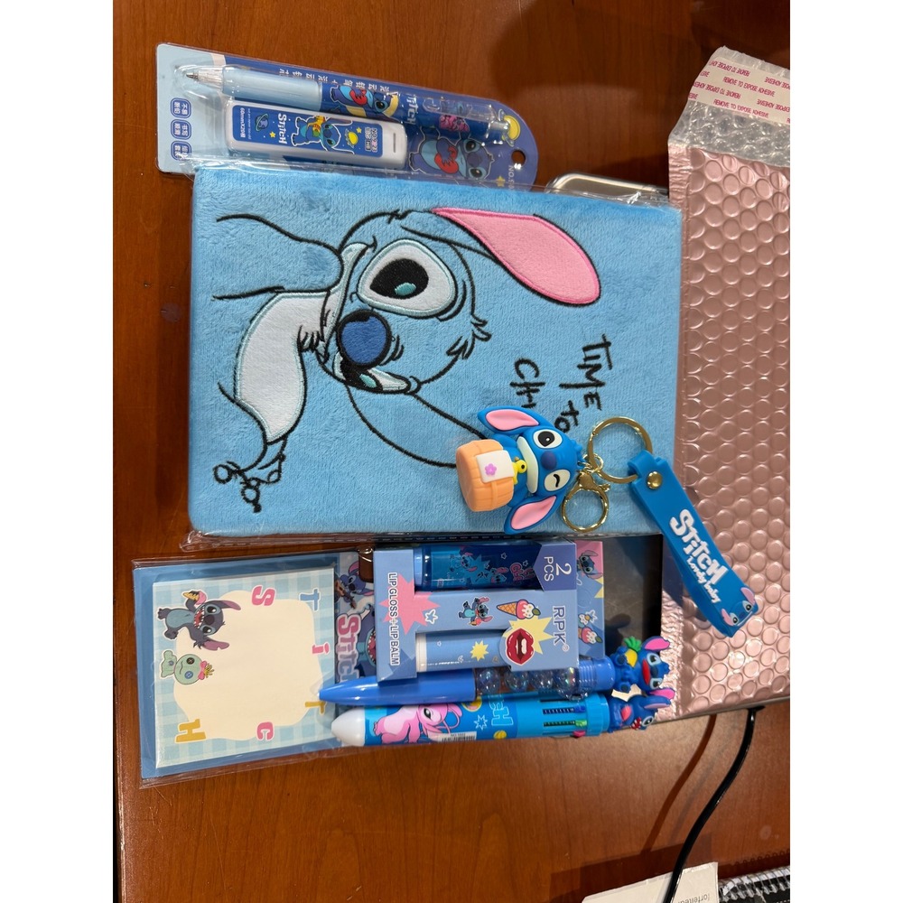 Disney Lilo & Stitch Stationery Set Plush Journal Pens Lip Balm Notepad Blue